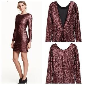 H&M Fitted Long Sleeve Sequined Mini Dress Bronze Brown Sz 8 Low Back Vegas Glam